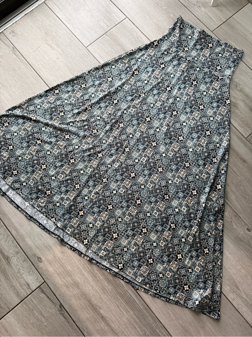 LuLaRoe A-Line Midi Skirt in Teal and Navy Tile Print